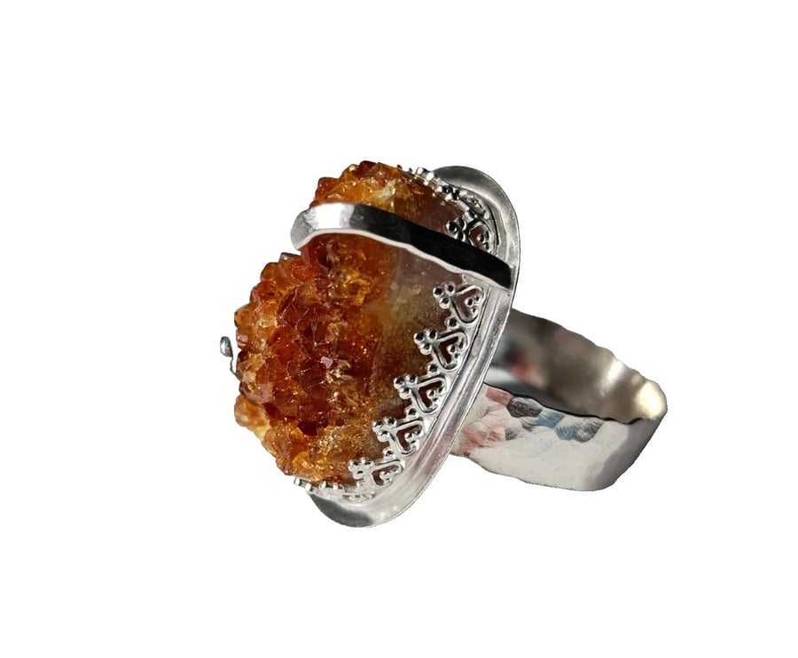 Citrine Druzy Adjustable Statement Ring Sterling Silver Chunky Crystal Jewellery