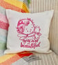 Embroidered Feature Cushion: Pink Child and Cat Design 33cm (13") - Image 2