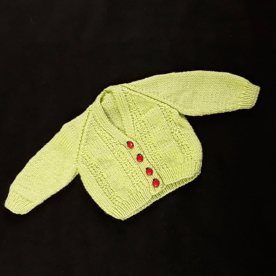 Hand knitted baby cardigan in lime green - 0-3 months - ladybug buttons 