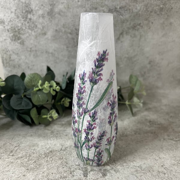 Decoupage Glass Tulip Vase: Lavender, Floral Rustic home decor, Upcycled
