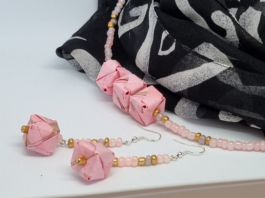 Origami Necklace and earrings set. pale pink and gold colour paper 