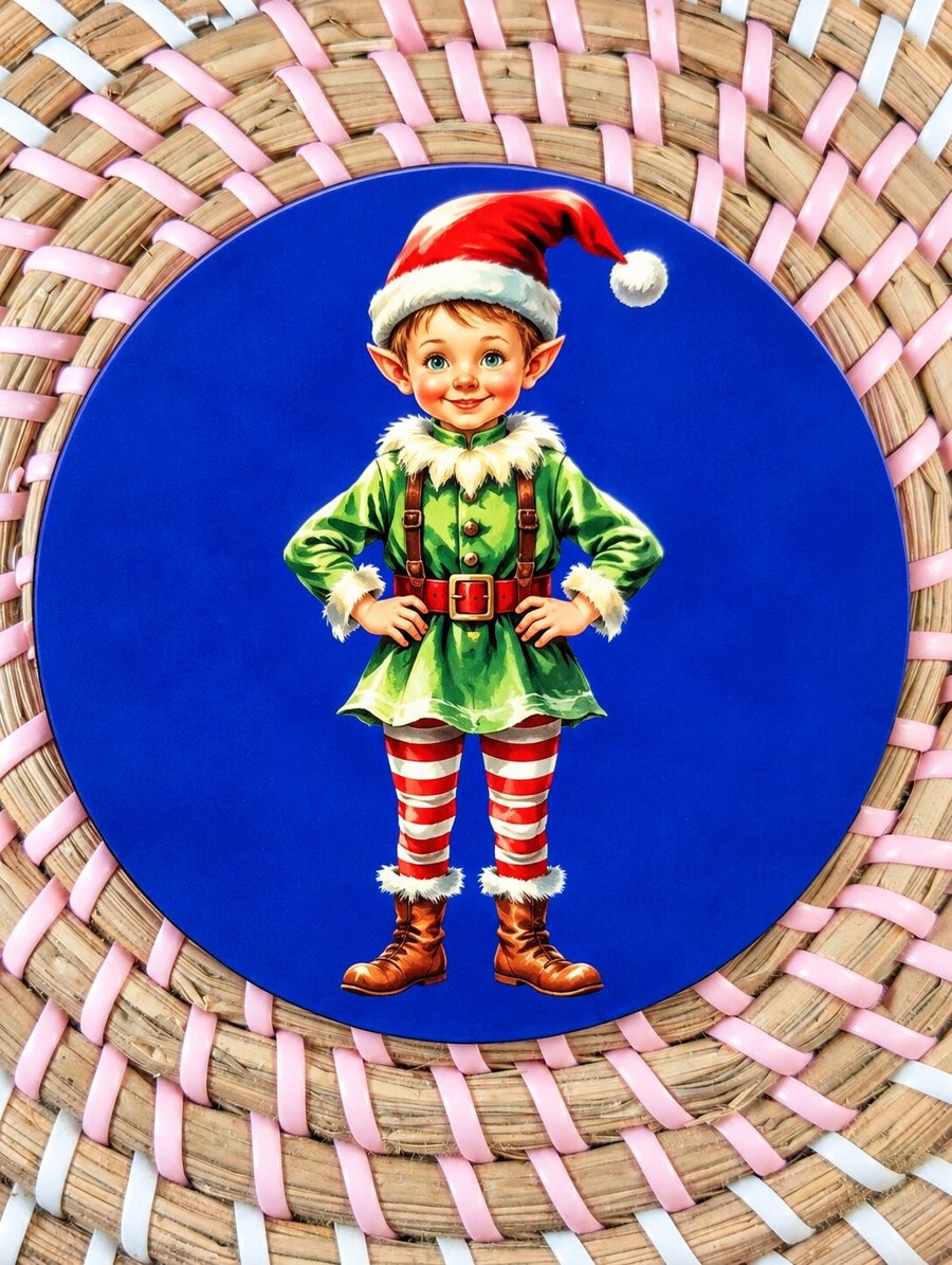 Vintage Christmas Elf Coaster – Festive Christmas Decoration – Retro Santa Elf