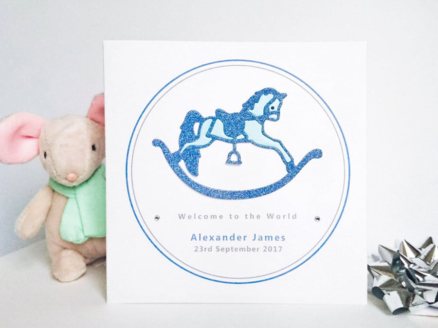 New Baby Boy Card - Personalised, Rocking Horse Design