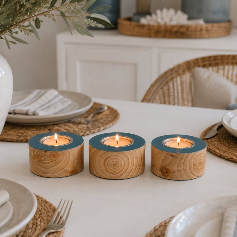 Reclaimed Wooden Candle Holder Set - Ostrich Egg Blue - Tealights