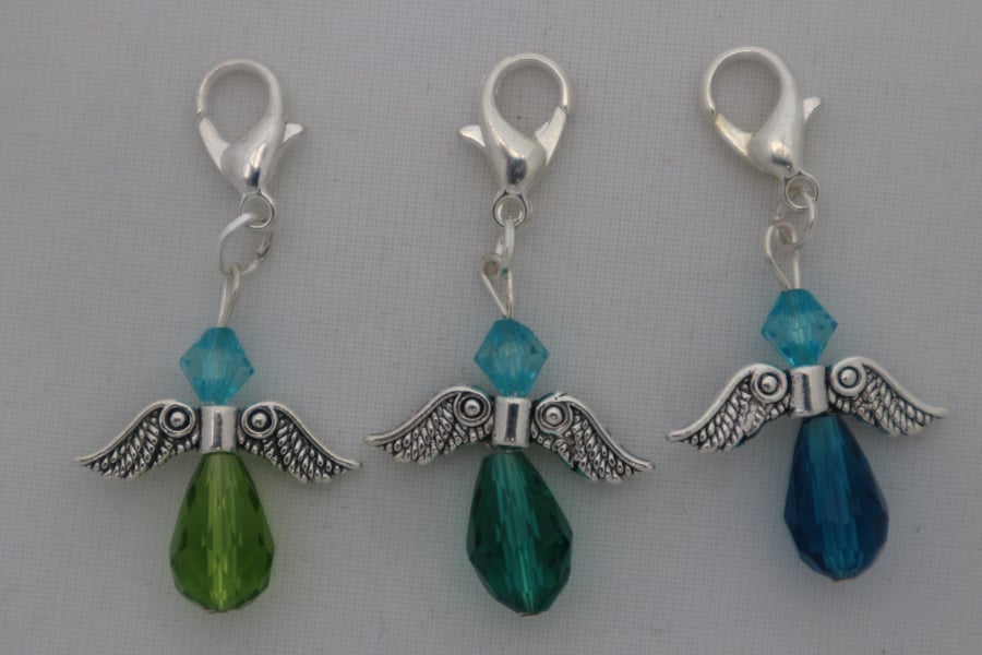 Crochet stitch markers - silver angel x3 in blues and greens