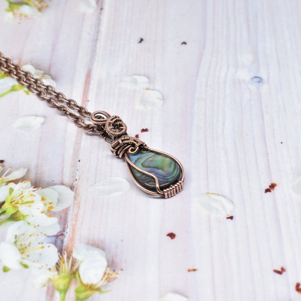 Abalone and Copper Wire Wrapped Mini Pendant