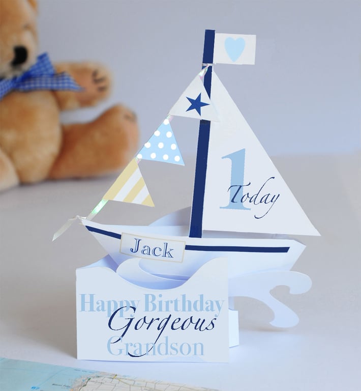 Personalised Pop-up sailing boat for Boy's 1st Birthday.