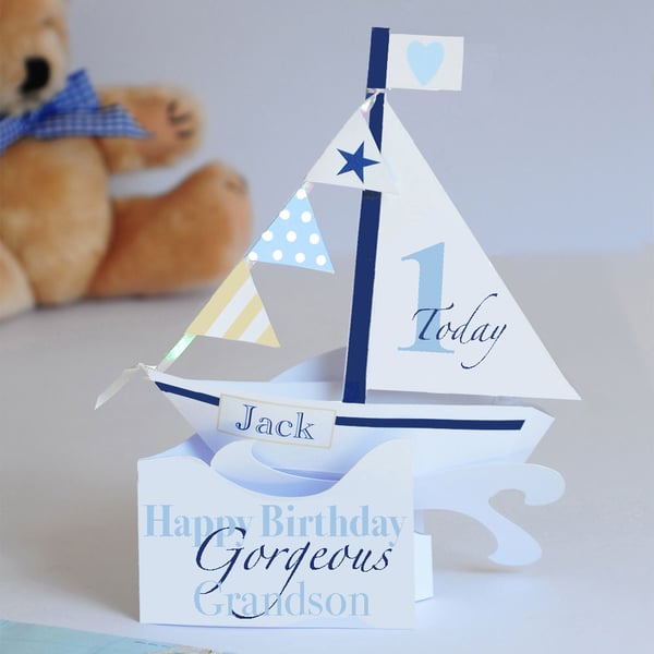 Personalised Pop-up sailing boat for Boy's 1st Birthday.