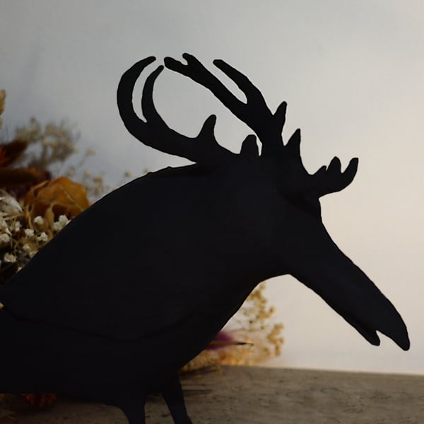 Blackest Black Raven Sculpture - Raven with antlers, painted with Black 4.0