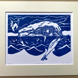 Bass Rock Blue Linoprint East Lothian Scotland Linocut Original Hand pulled Art