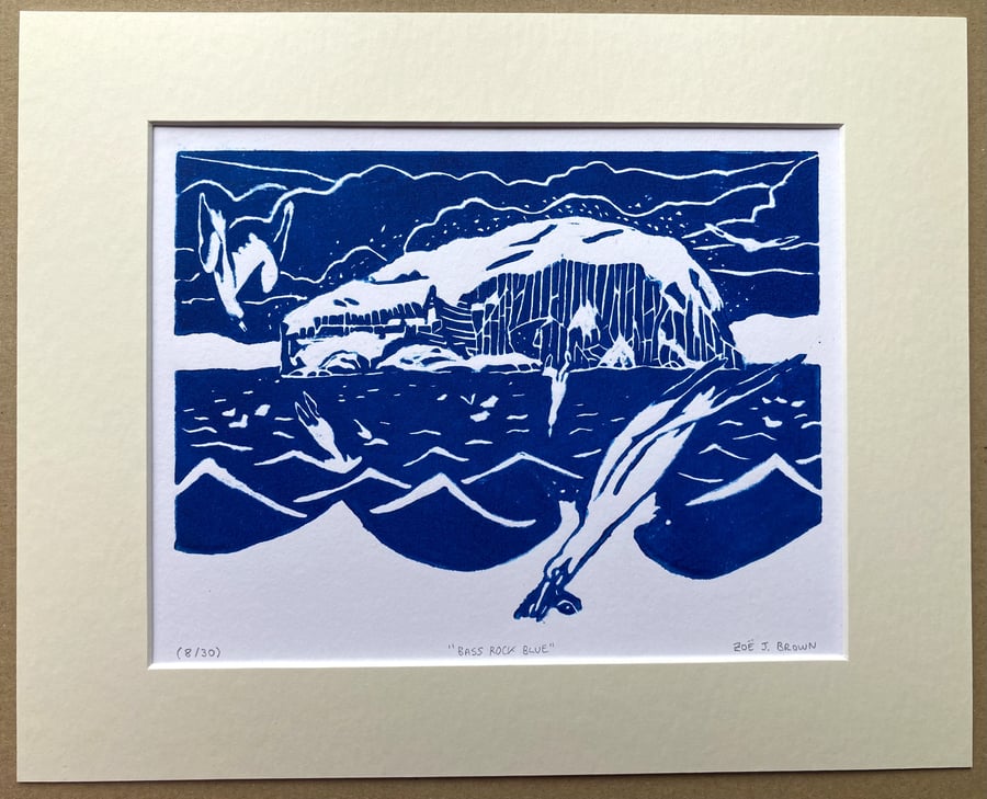 Bass Rock Blue Linoprint East Lothian Scotland Linocut Original Hand pulled Art