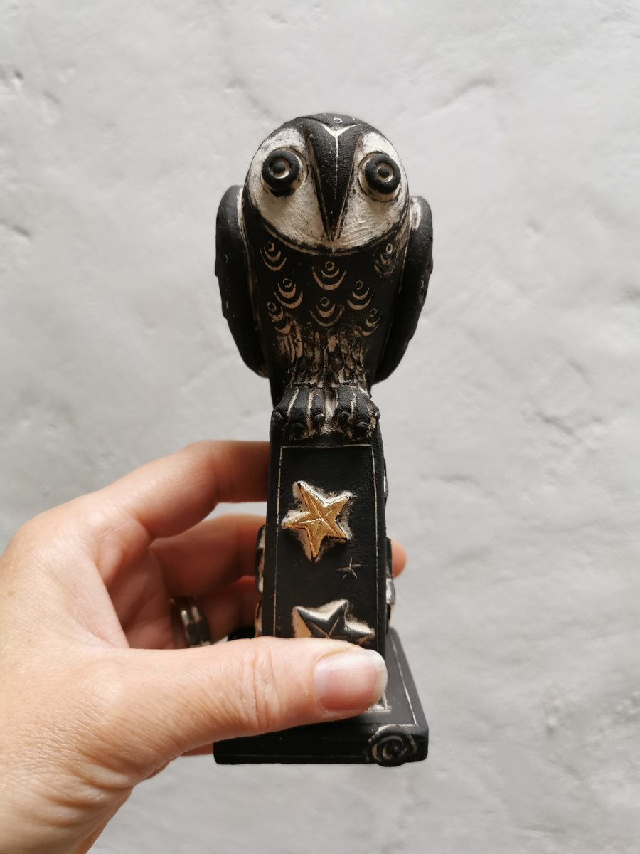 Ceramic Little Owl sculpture - Owl on a gold star plinthowl ornament - owl art -