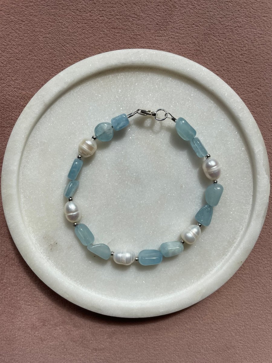 Freshwater Pearl and Aquamarine Beaded Bracele Handmade Crystal Bracelet