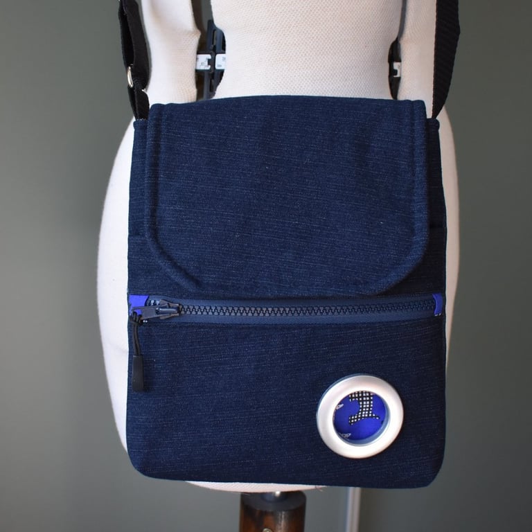 Denim dog walkers xbody bag. Repurposed with new waste bag compartment