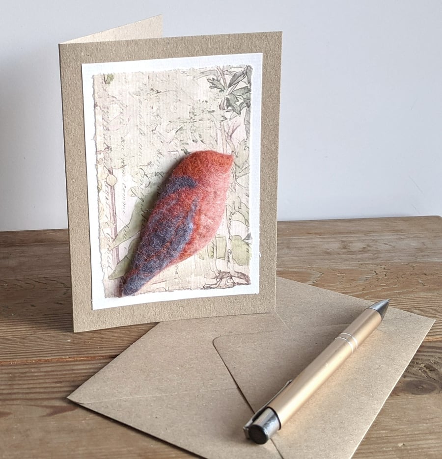 Brooch on a card - felted bird brooch - peachy blues