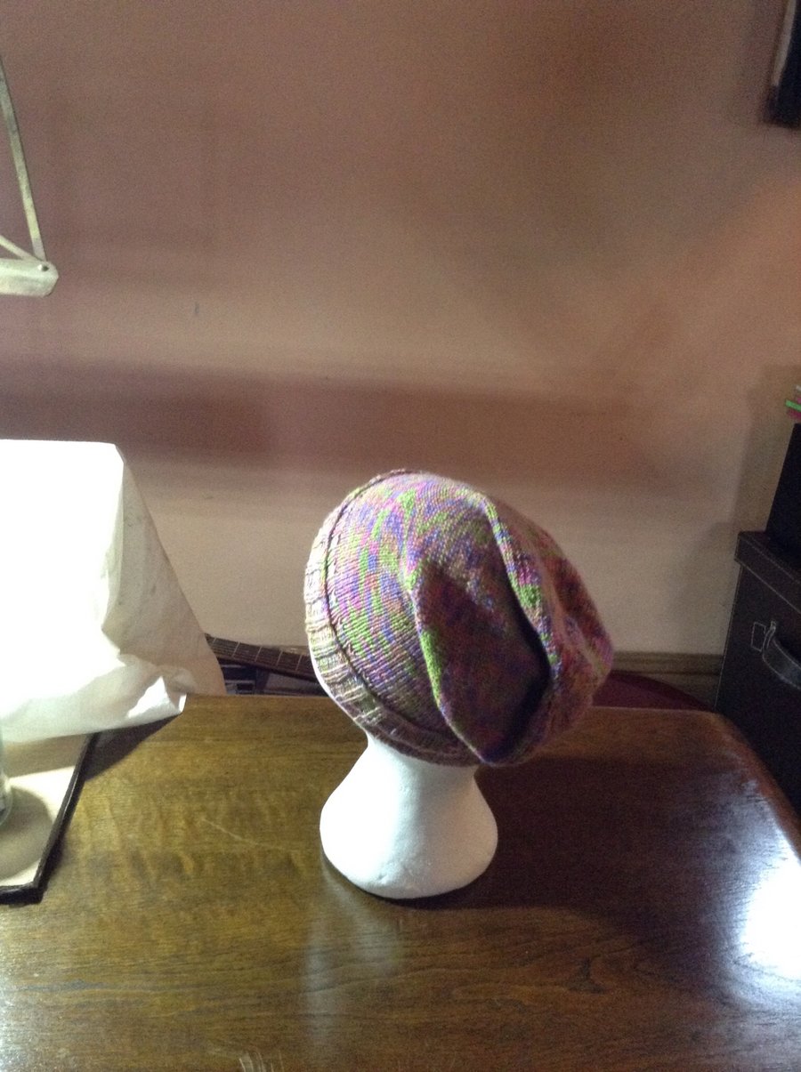 Hand Knit Slouchy Sock Hat Bamboo Vegan pink purple green