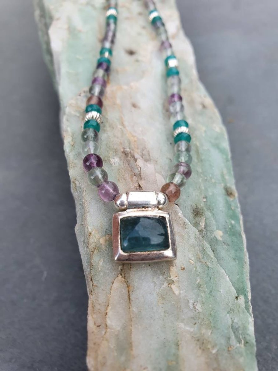 Beaded Fluorite Necklace with Central Pendant Feature and Sterling Silver Beads.