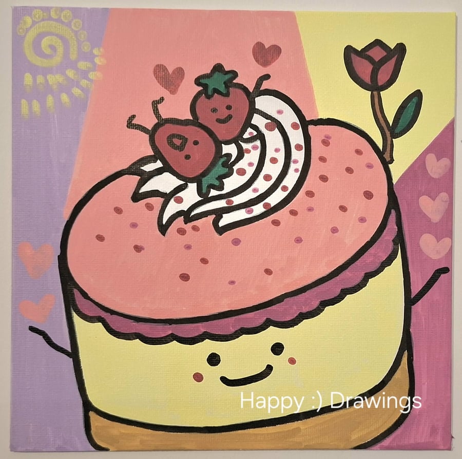 Happy Strawberry Cake Original Hand Drawing Painting Acrylics OOAK :)