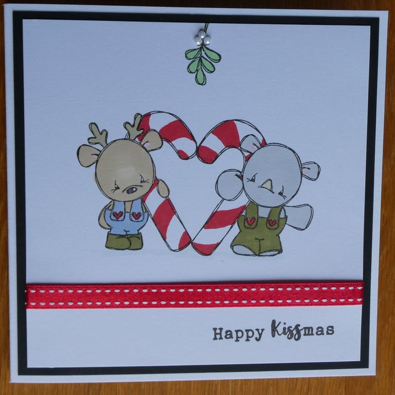 Candy Cane Heart Christmas Card - Rhino and Reindeer