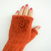 Knitted Fingerless Gloves with Flower Embellishment  Orange