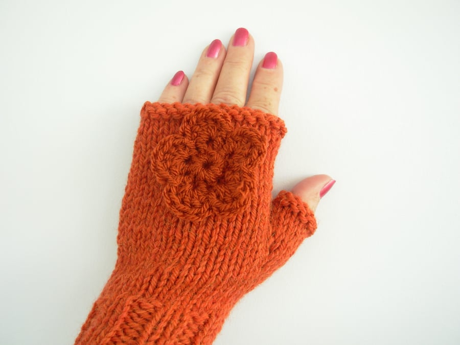 Knitted Fingerless Gloves with Flower Embellishment  Orange