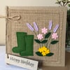 Pastel flowers and green gardening boots, wool felt, handmade.  Birthday card