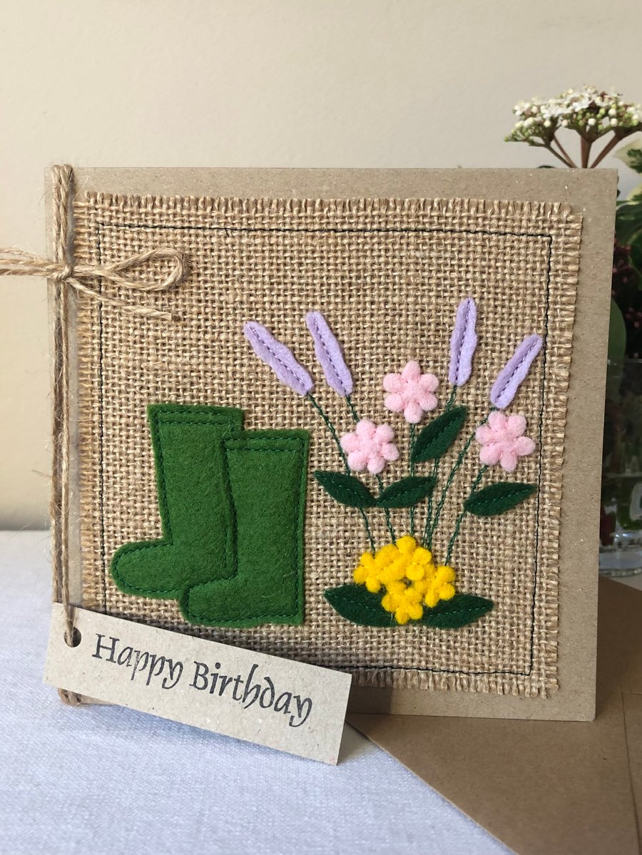 Pastel flowers and green gardening boots, wool felt, handmade.  Birthday card