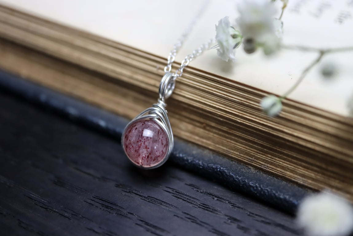 Lepidocrocite Strawberry Quartz Necklace Wire Wrapped in Sterling Silver