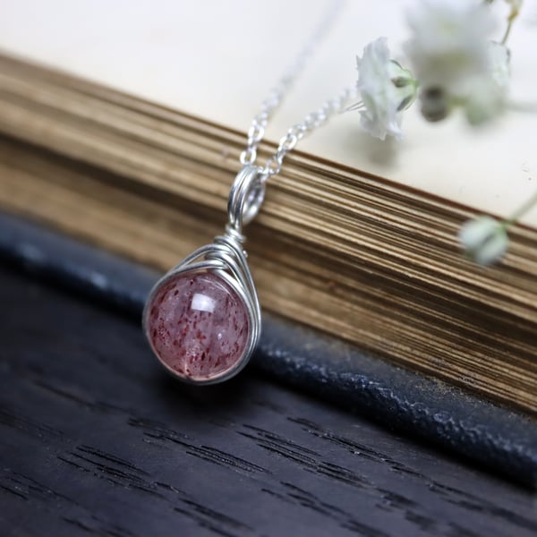 Lepidocrocite Strawberry Quartz Necklace Wire Wrapped in Sterling Silver