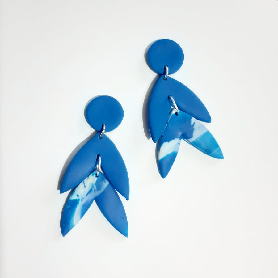 Blue dangles, Sea inspired earrings, Blue & white polymer clay drops