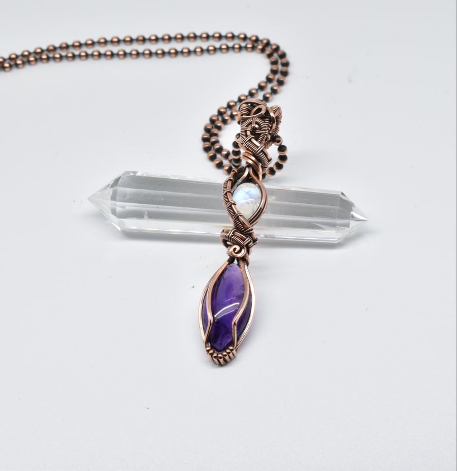 Amethyst and Moonstone Wire Wrapped Copper One of a Kind Necklace