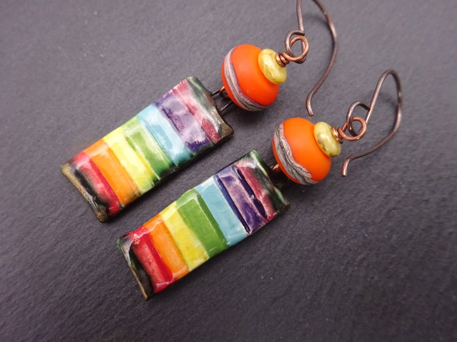 copper and lampwork glass earrings, rainbow ceramic jewellery