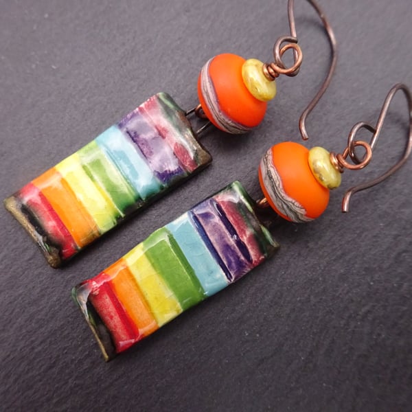 copper and lampwork glass earrings, rainbow ceramic jewellery