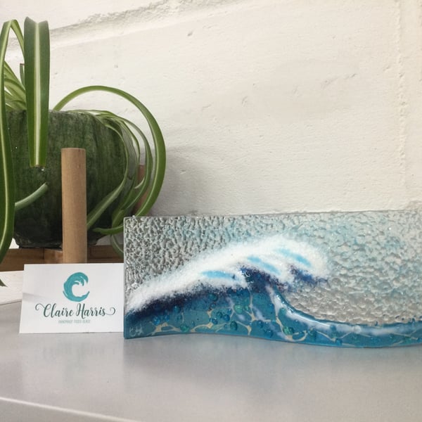 Fused Glass Turquoise Crashing Wave, Large Freestanding Wave. 9cm. 
