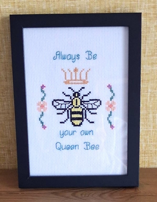 Always Be Your Own Queen Bee – Handmade Framed Cross Stitch Gift 5x7