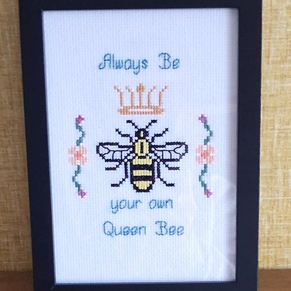 Always Be Your Own Queen Bee – Handmade Framed Cross Stitch Gift 5x7