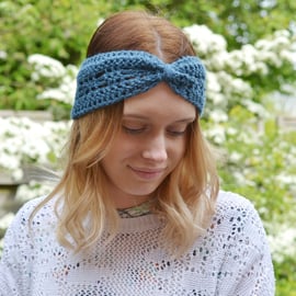 Denim Blue Bow Crocheted Headband