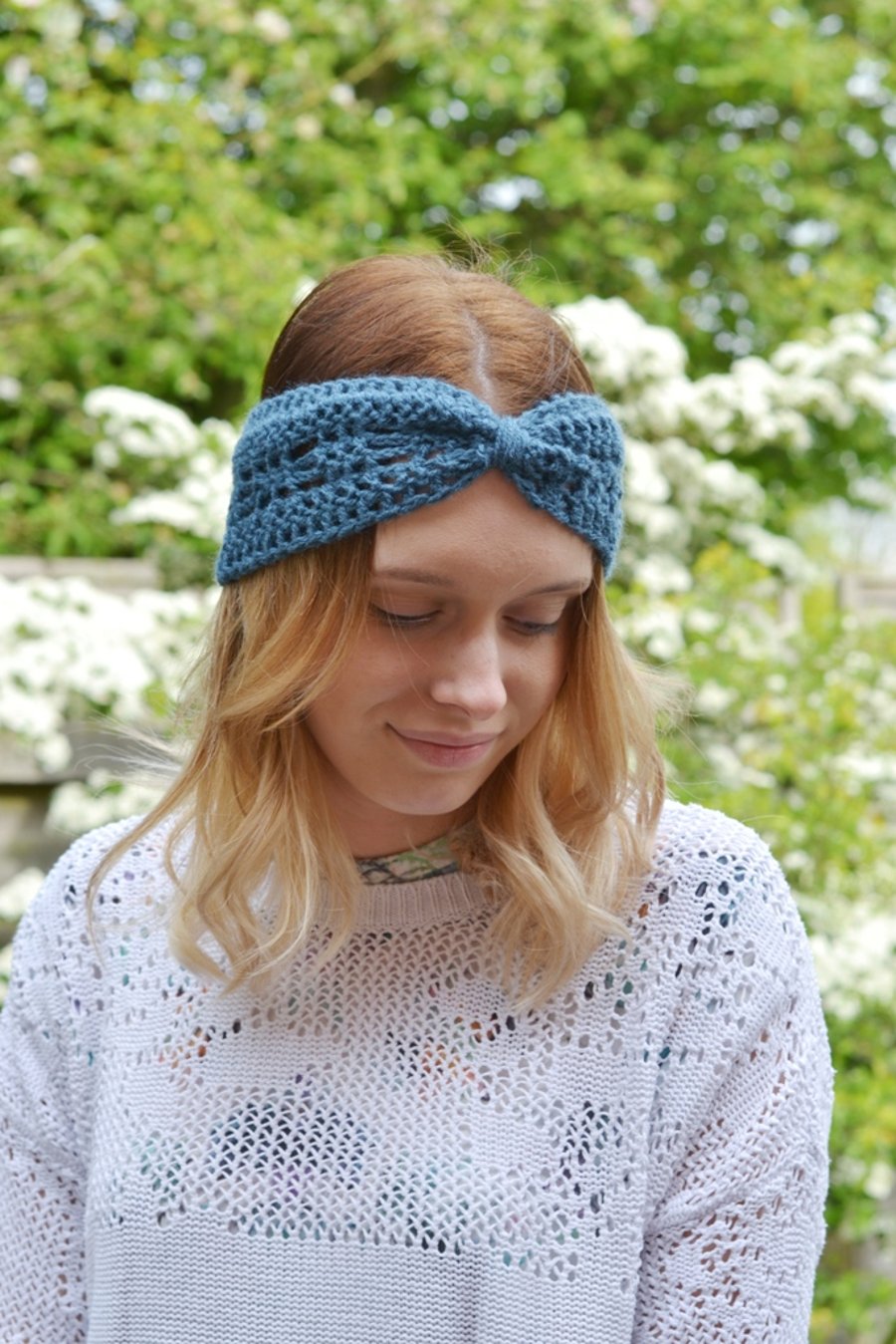 Denim Blue Bow Crocheted Headband