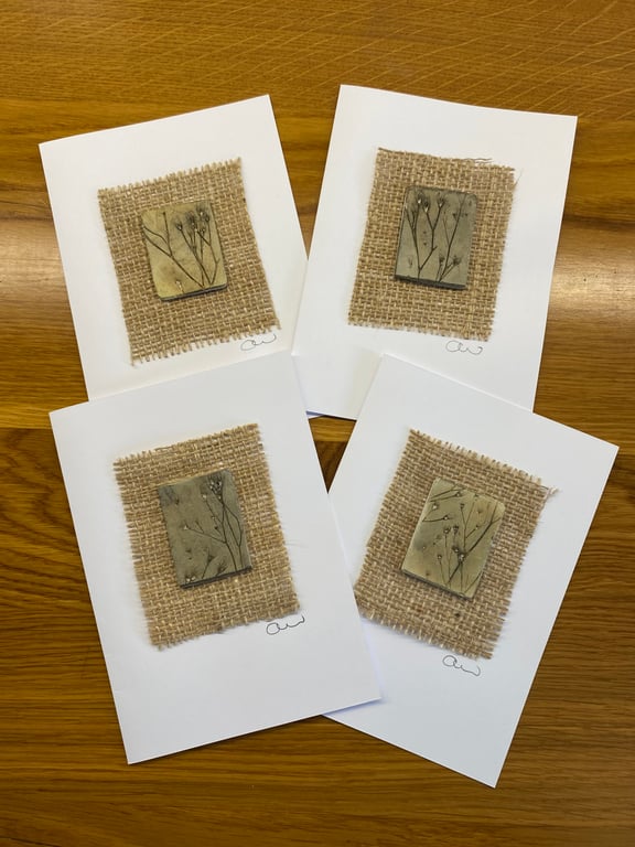 Set of Four Handmade Clay and Hessian Cards