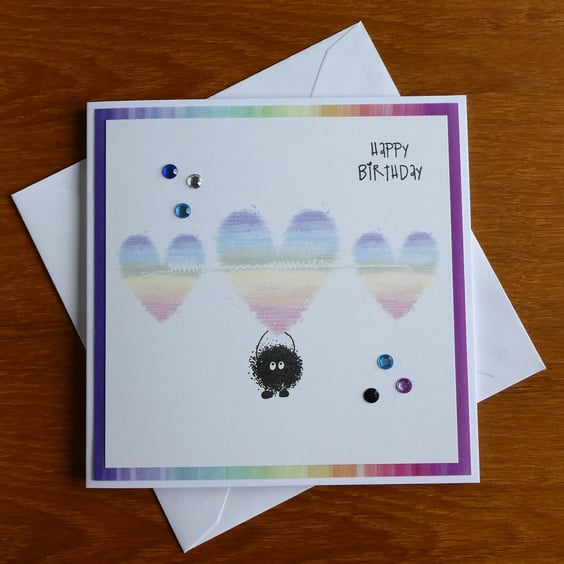 Happy Birthday Card - Pastel Rainbow Hearts and Love Bug