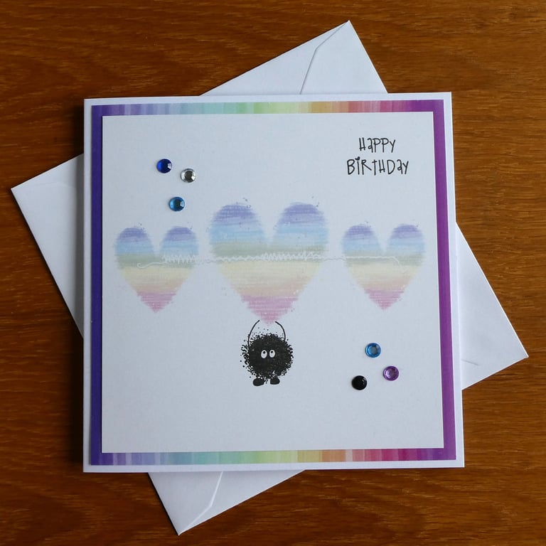 Happy Birthday Card - Pastel Rainbow Hearts and Love Bug