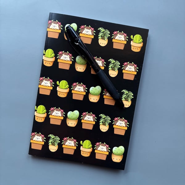 A5 Hedgehog in plant pot note book. 48-page A5 notebook. 