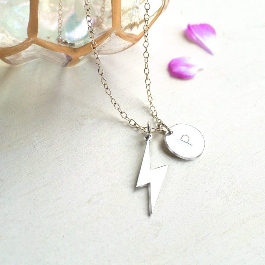 Personalised Sterling Silver Lightning Bolt and Initial Disc Necklace