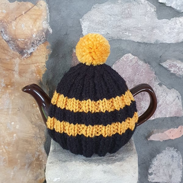 Small Tea Cosy for 2 Cup Tea Pot, Black & Yellow, Hand Knitted, Wool Mix Yarn