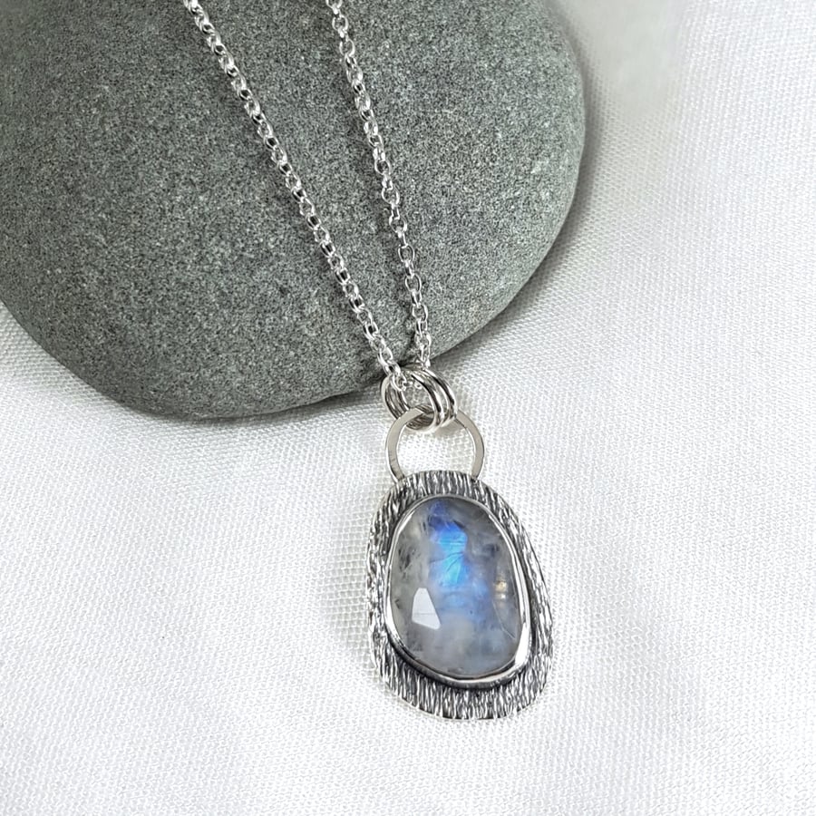 Silver Moonstone Pendant Necklace, Handmade Blue Moonstone Pendant