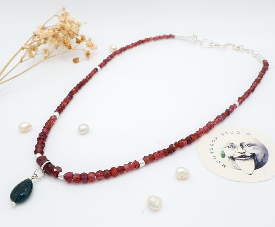 Faceted Dark Red Garnet and Aventurine Leaf Charm Gemstone Beaded Necklace 