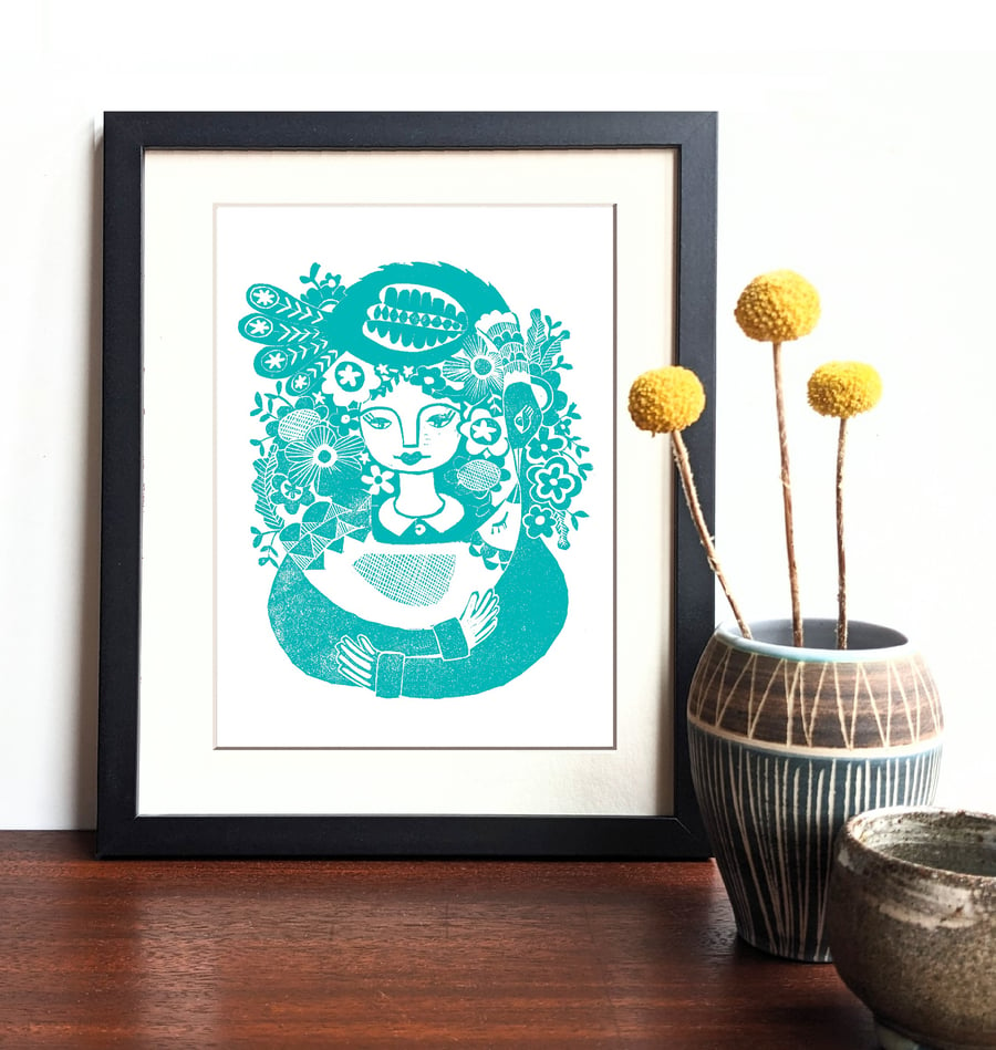 Mad bird lady - original lino print in teal