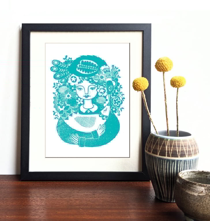 Mad bird lady - original lino print in teal