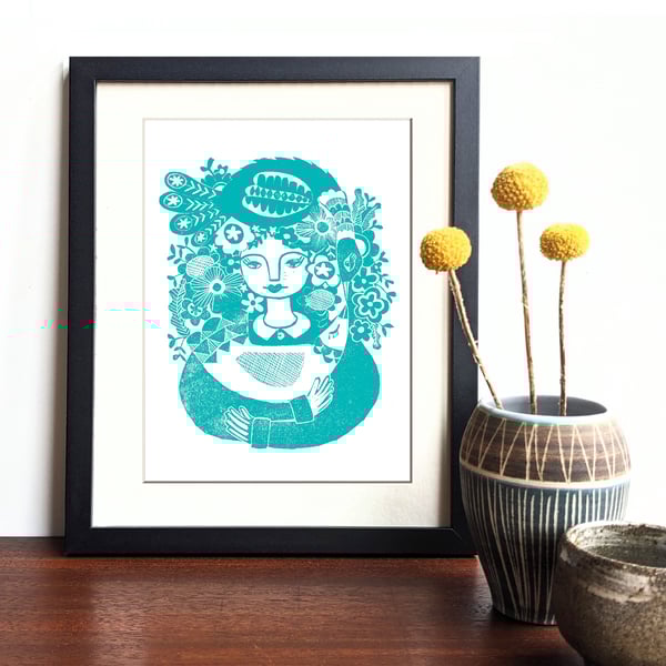 Mad bird lady - original lino print in teal