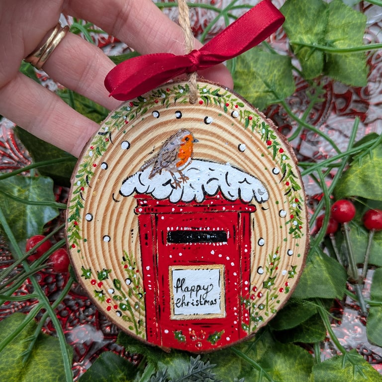 Robin and post box hand-painted Christmas decoration